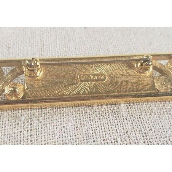 Brooch Pin - Signed Monet - Rectangle - Faux Pearls Rhinestones  Black Gold Tone - Picture 8 of 9